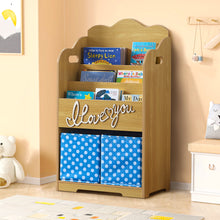 Load image into Gallery viewer, iRerts Kids Bookshelf, Wood 4 Tier Kids Toddler Bookcase with 3 Shelves Book Organizer, 2 Moveable Storage Boxes, Kids Book Shelf Organizer Book Rack Sling Book Display Stand for Kids Bedroom, Brown