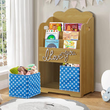 Load image into Gallery viewer, iRerts Kids Bookshelf, Wood 4 Tier Kids Toddler Bookcase with 3 Shelves Book Organizer, 2 Moveable Storage Boxes, Kids Book Shelf Organizer Book Rack Sling Book Display Stand for Kids Bedroom, Brown