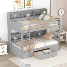 Load image into Gallery viewer, iRerts Twin Over Twin Bunk Bed with Storage Drawer, Wood Twin Bunk Bed with Built-in Shelves Beside Both Upper and Down Bed, Bunk Bed Twin Over Twin for Kids Teens Bedroom, No Box Spring Needed, Gray
