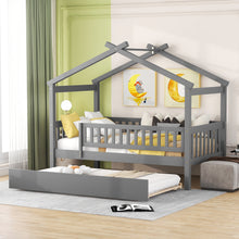 Load image into Gallery viewer, iRerts Twin Size House Bed with Twin Size Trundle, Wooden Twin Platform Bed Frame for Kids Boys Girls, House Platform Bed frame Twin Size with Slats, Kids Twin Bed Frame No Box Spring Needed, Gray