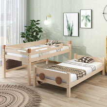Load image into Gallery viewer, iRerts Wood Twin over Twin Bunk Bed, Car-Shaped Bunk Beds for Kids Boys Girls, Convertible Bunk Beds Twin over Twin with Wheels, Full-Length Guardrail, Ladder, No Box Spring Needed, Natural