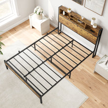 Load image into Gallery viewer, iRerts Full Platform Bed Frame with Storage Headboard, Metal Full Bed Frame with Charging Station, Full Size Bed Frames No Box Spring Needed for Bedroom, Black/Brown