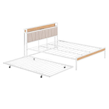 Load image into Gallery viewer, iRerts Metal Queen Platform Bed Frame with Trundle, Industrial Queen Bed Frame with Storage Upholstered Headboard, USB Ports, Socket, Queen Size Bed Frame No Box Spring Needed for Bedroom, White