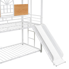 Load image into Gallery viewer, iRerts Twin Over Twin Metal Bunk Bed, House Bunk Bed Frame with Slide and Storage Stair, Twin Low Bunk Beds with Guardrail for Kids Teens Adults Bedroom, No Box Spring Needed, White with White Slide
