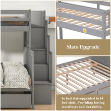 Load image into Gallery viewer, iRerts Twin Over Full Bunk Bed, Wood Bunk Beds Twin Over Full with 2 Drawers and Staircases, Convertible into 2 Beds, Bunk Beds for Kids Teens Adults, Bunk Bed for Bedroom, No Box Spring Needed, Gray