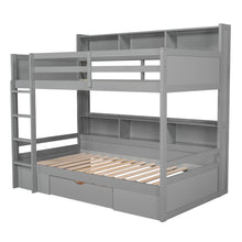 Load image into Gallery viewer, iRerts Twin Over Twin Bunk Bed with Storage Drawer, Wood Twin Bunk Bed with Built-in Shelves Beside Both Upper and Down Bed, Bunk Bed Twin Over Twin for Kids Teens Bedroom, No Box Spring Needed, Gray