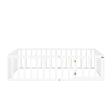 Load image into Gallery viewer, iRerts Queen Floor Bed Frame for Kids Toddlers, Wood Montessori Low Floor Queen Size Bed Frame with Fence Guardrail and Door, kids Queen Bed for Boys Girls, Spring Needed, White