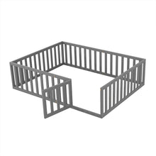 Load image into Gallery viewer, iRerts Queen Floor Bed Frame for Kids Toddlers, Wood Montessori Low Floor Queen Size Bed Frame with Fence Guardrail and Door, kids Queen Bed for Boys Girls, Spring Needed, Gray