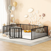 Load image into Gallery viewer, iRerts Queen Floor Bed Frame, Metal Queen Size Montessori Floor Bed Frame with Fence and Door, Kids Toddler Floor Bed Frame Queen Size for Girls Boys, Twin Bed Frame without Bed Slats, Black