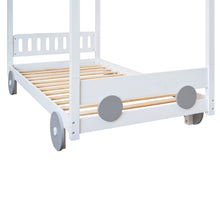 Load image into Gallery viewer, iRerts Wood Twin Size Canopy Bed, Car-Shaped Twin Platform Bed Frame for Kids Toddlers Boys Girls, Cute Kids Twin Bed Frame with Slats Support for Kids Bedroom, No Box Spring Needed, White