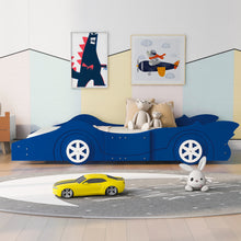 Load image into Gallery viewer, iRerts Race Car Shaped Twin Bed Frame, Wood Twin Platform Bed Frame for Kids Toddlers, Children Twin Size Platform Bed with Wheels, Wooden Slats, No Box Spring Needed, Blue
