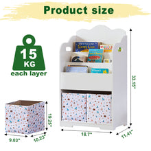 Load image into Gallery viewer, iRerts Kids Bookshelf, Wood 4 Tier Kids Toddler Bookcase with 3 Shelves Book Organizer, 2 Moveable Storage Boxes, Kids Book Shelf Organizer Book Rack Sling Book Display Stand for Kids Bedroom, White