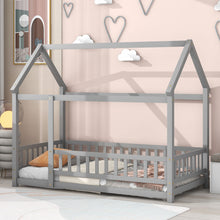Load image into Gallery viewer, iRerts Twin Bed Frame Floor Bed, Wooden Kids Twin Bed Frame with House Roof Frame, Floor Twin Bed Frame for Toddlers Girls Boys Bedroom, House Floor Bed Frame with Fence Guardrails, Gray