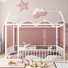 Load image into Gallery viewer, iRerts Floor Twin Bed Frame, Metal Twin Size Bed Frame for Girls Boys, Twin Bed Frame with House Roof Frame and Fence Guardrails, Toddler House Twin Bed Frame for Kids Bedroom Living Room, White