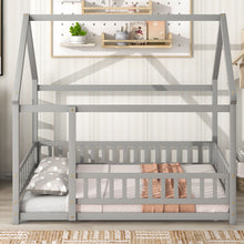 Load image into Gallery viewer, iRerts Full Bed Frame Floor Bed, Wooden Kids Full Bed Frame with House Roof Frame, Floor Full Bed Frame for Toddlers Girls Boys Bedroom, House Floor Bed Frame with Fence Guardrails, Gray