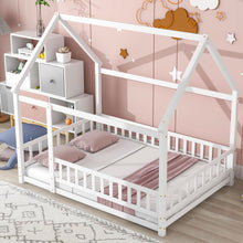 Load image into Gallery viewer, iRerts Full Bed Frame Floor Bed, Wooden Kids Full Bed Frame with House Roof Frame, Floor Full Bed Frame for Toddlers Girls Boys Bedroom, House Floor Bed Frame with Fence Guardrails, White