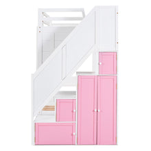 Load image into Gallery viewer, iRerts Twin Over Twin Bunk Bed with Trundle, Solid Wood Bunk Beds Twin over Twin with Storage Cabinet, Stairs and Ladders, Twin Bunk Beds for Kids Teens Bedroom, White/Pink