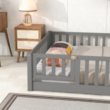 Load image into Gallery viewer, iRerts Full Floor Bed Frame for Kids Toddlers, Wood Low Floor Full Size Bed Frame with Fence Guardrail and Door, kids Full Bed for Boys Girls, No Box Spring Needed, Gray
