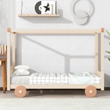 Load image into Gallery viewer, iRerts Wood Twin Size Canopy Bed, Car-Shaped Twin Platform Bed Frame for Kids Toddlers Boys Girls, Cute Kids Twin Bed Frame with Slats Support for Kids Bedroom, No Box Spring Needed, Natural