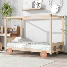 Load image into Gallery viewer, iRerts Wood Twin Size Canopy Bed, Car-Shaped Twin Platform Bed Frame for Kids Toddlers Boys Girls, Cute Kids Twin Bed Frame with Slats Support for Kids Bedroom, No Box Spring Needed, Natural