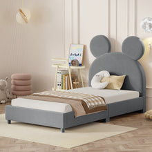 Load image into Gallery viewer, iRerts Twin Bed Frame, Modern Velvet Upholstered Platform Bed Frame with Bear Ear Shaped Headboard, Wooden Slat, Twin Size Low Platform Bed for Kids Boys Girls Bedroom, No Box Spring Needed, Gray