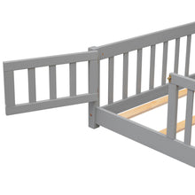 Load image into Gallery viewer, iRerts Twin Floor Bed Frame for Kids Toddlers, Wood Low Floor Twin Size Bed Frame with Fence Guardrail and Door, kids Twin Bed for Boys Girls, No Box Spring Needed, Gray