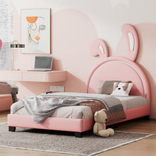Load image into Gallery viewer, iRerts Twin Size Upholstered Platform Bed, Cute Twin Bed Frame for Kids Teens Bedroom, Twin Platform Bed Frame with Rabbit Ears Headboard, Kids Twin Bed Frame No Box Spring Needed, Pink
