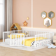 Load image into Gallery viewer, iRerts Queen Floor Bed Frame, Metal Queen Size Montessori Floor Bed Frame with Fence and Door, Kids Toddler Floor Bed Frame Queen Size for Girls Boys, Twin Bed Frame without Bed Slats, White