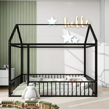 Load image into Gallery viewer, iRerts Twin Bed Frame Floor Bed, Metal Kids Twin Bed Frame with House Roof Frame, Floor Twin Bed Frame for Toddlers Girls Boys Bedroom, House Floor Bed Frame with Fence Guardrails, Black