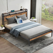 Load image into Gallery viewer, iRerts Queen Platform Bed Frame with Storage, Metal Queen Bed Frame with USB Ports, Storage Headboard, No Box Spring Needed, Industrial Bed Frame Queen Size for Bedroom, Black Brown