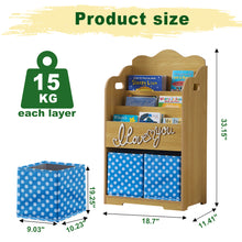 Load image into Gallery viewer, iRerts Kids Bookshelf, Wood 4 Tier Kids Toddler Bookcase with 3 Shelves Book Organizer, 2 Moveable Storage Boxes, Kids Book Shelf Organizer Book Rack Sling Book Display Stand for Kids Bedroom, Brown