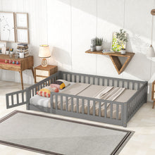 Load image into Gallery viewer, iRerts Full Floor Bed Frame for Kids Toddlers, Wood Low Floor Full Size Bed Frame with Fence Guardrail and Door, kids Full Bed for Boys Girls, No Box Spring Needed, Gray