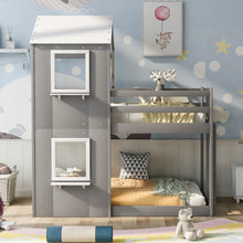 Load image into Gallery viewer, iRerts Low Bunk Beds for for Kids Teens Girls Boys, Wood Twin Over Twin Bunk Bed with Roof Window Guardrail Ladde, Floor Bunk Beds Twin Over Twin No Box Spring Needed for Bedroom, Gray