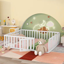 Load image into Gallery viewer, iRerts Queen Floor Bed Frame for Kids Toddlers, Wood Montessori Low Floor Queen Size Bed Frame with Fence Guardrail and Door, kids Queen Bed for Boys Girls, Spring Needed, White