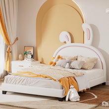 Load image into Gallery viewer, iRerts Full Size Upholstered Platform Bed, Cute Full Bed Frame for Kids Teens Bedroom, Full Platform Bed Frame with Rabbit Ears Headboard, Kids Full Bed Frame No Box Spring Needed, White