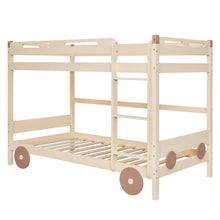 Load image into Gallery viewer, iRerts Wood Twin over Twin Bunk Bed, Car-Shaped Bunk Beds for Kids Boys Girls, Convertible Bunk Beds Twin over Twin with Wheels, Full-Length Guardrail, Ladder, No Box Spring Needed, Natural