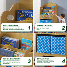 Load image into Gallery viewer, iRerts Kids Bookshelf, Wood 4 Tier Kids Toddler Bookcase with 3 Shelves Book Organizer, 2 Moveable Storage Boxes, Kids Book Shelf Organizer Book Rack Sling Book Display Stand for Kids Bedroom, Brown