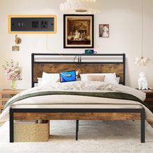 Load image into Gallery viewer, iRerts Queen Platform Bed Frame with Storage, Metal Queen Bed Frame with USB Ports, Storage Headboard, No Box Spring Needed, Industrial Bed Frame Queen Size for Bedroom, Black Brown