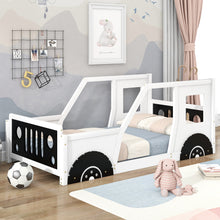 Load image into Gallery viewer, iRerts Classic Car Shaped Twin Bed Frame, Wood Twin Platform Bed Frame for Kids Toddlers Boys Girls, Children Twin Size Platform Bed Frame with Wheels, Wooden Slats, No Box Spring Needed, White