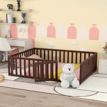 Load image into Gallery viewer, iRerts Queen Floor Bed Frame for Kids Toddlers, Wood Montessori Low Floor Queen Size Bed Frame with Fence Guardrail and Door, kids Queen Bed for Boys Girls, Spring Needed, Walnut