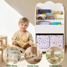 Load image into Gallery viewer, iRerts Kids Bookshelf, Wood 4 Tier Kids Toddler Bookcase with 3 Shelves Book Organizer, 2 Moveable Storage Boxes, Kids Book Shelf Organizer Book Rack Sling Book Display Stand for Kids Bedroom, White