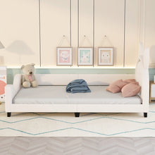 Load image into Gallery viewer, iRerts Twin Size Upholstered Daybed, Wooden Low Daybed Frame for Kids Teens with Cartoon Ears Headboard, Cute Kids Twin Bed Frame No Box Spring Needed, Twin Daybed Platform Bed Frame, White