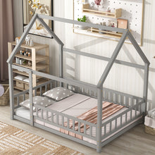 Load image into Gallery viewer, iRerts Full Bed Frame Floor Bed, Wooden Kids Full Bed Frame with House Roof Frame, Floor Full Bed Frame for Toddlers Girls Boys Bedroom, House Floor Bed Frame with Fence Guardrails, Gray