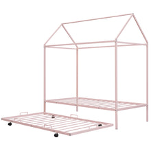 Load image into Gallery viewer, iRerts Twin Size Metal House Bed with Trundle, Kids Twin Bed Frame with Roof and Metal Slats, Twin Size Platform Bed Frame for Kids Bedroom, No Box Spring Needed, Pink