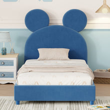 Load image into Gallery viewer, iRerts Twin Bed Frame, Modern Velvet Upholstered Platform Bed Frame with Bear Ear Shaped Headboard, Wooden Slat, Twin Size Low Platform Bed for Kids Boys Girls Bedroom, No Box Spring Needed, Blue