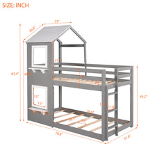 Load image into Gallery viewer, iRerts Low Bunk Beds for for Kids Teens Girls Boys, Wood Twin Over Twin Bunk Bed with Roof Window Guardrail Ladde, Floor Bunk Beds Twin Over Twin No Box Spring Needed for Bedroom, Gray