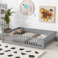 Load image into Gallery viewer, iRerts Queen Floor Bed Frame for Kids Toddlers, Wood Low Floor Queen Size Bed Frame with Fence Guardrail and Door, kids Queen Bed for Boys Girls, No Box Spring Needed, Gray