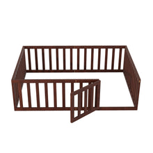 Load image into Gallery viewer, iRerts Full Floor Bed Frame for Kids Toddlers, Wood Montessori Low Floor Full Size Bed Frame with Fence Guardrail and Door, kids Full Bed for Boys Girls, Spring Needed, Walnut