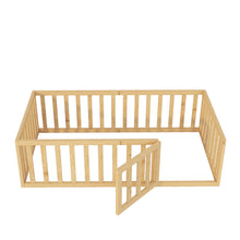 Load image into Gallery viewer, iRerts Twin Floor Bed Frame for Kids Toddlers, Wood Montessori Low Floor Twin Size Bed Frame with Fence Guardrail and Door, kids Twin Bed for Boys Girls, Spring Needed, Natural
