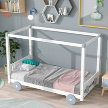 Load image into Gallery viewer, iRerts Wood Twin Size Canopy Bed, Car-Shaped Twin Platform Bed Frame for Kids Toddlers Boys Girls, Cute Kids Twin Bed Frame with Slats Support for Kids Bedroom, No Box Spring Needed, White
